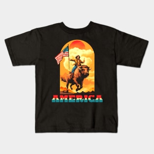 AMERICA! Guy Riding A Buffalo  Drinking Beer Kids T-Shirt